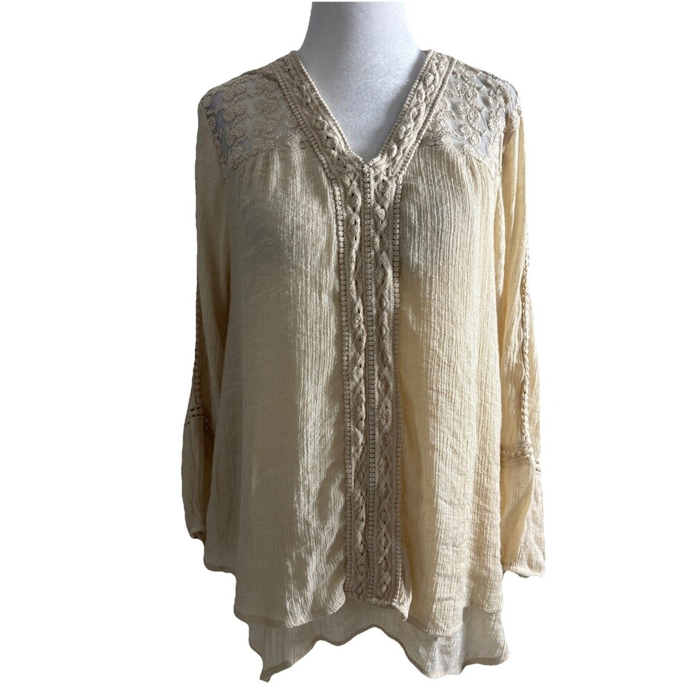 Womens Small Boho Cottagecore Cream Blouse Lace Crochet Peasant Top